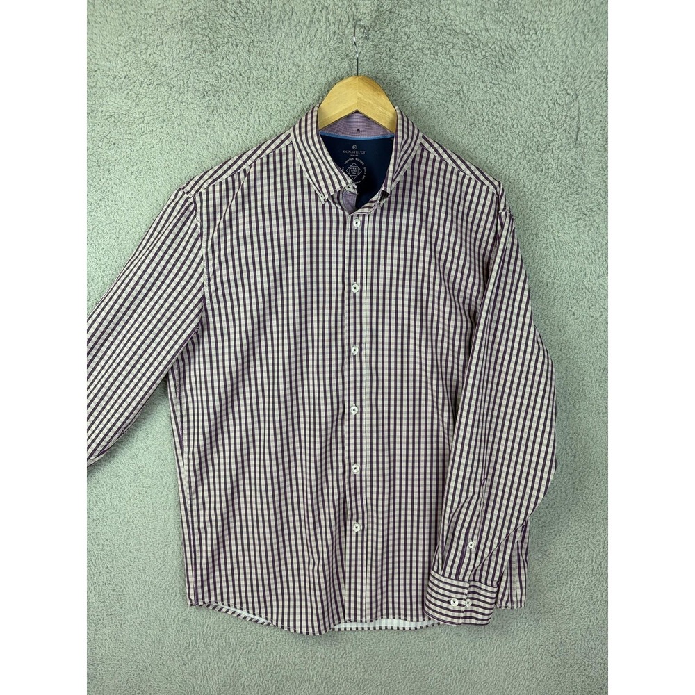 CON.STRUCT Shirt Mens Large Purple Gingham Slim Fit 4-Way Stretch Long Sleeve